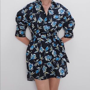 Black Button Up Belted Dress w/ Blue Floral Print
